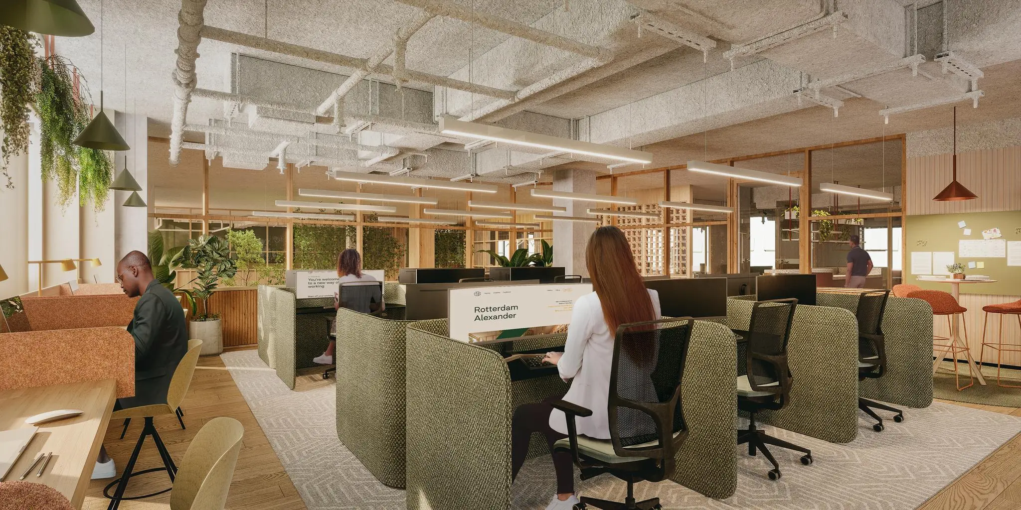 Moderne, groene kantoorruimte aan de Marten Meesweg met werkplekken en mensen aan het werk.